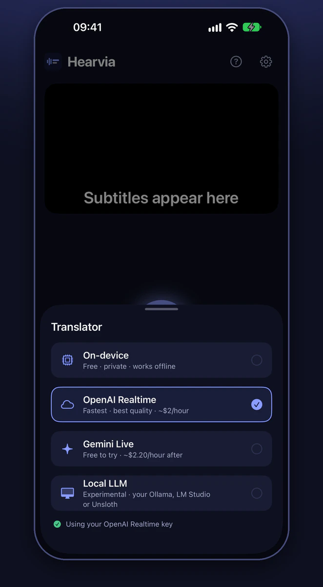 The iPhone translator picker listing On-device, OpenAI Realtime, Gemini Live and Local LLM.
